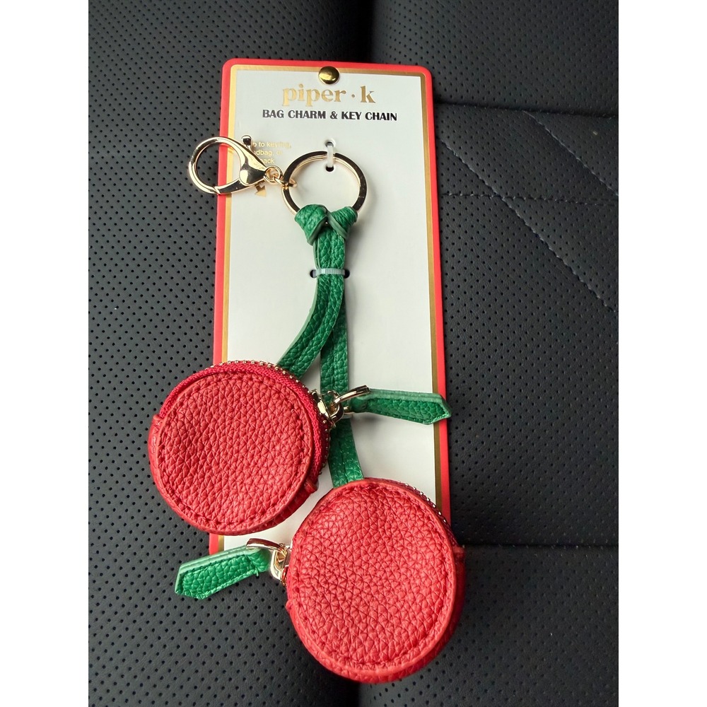 Piper K Cherry Bag Charm Key Chain Red Green Pebbled Faux Leather Zipper Pouches